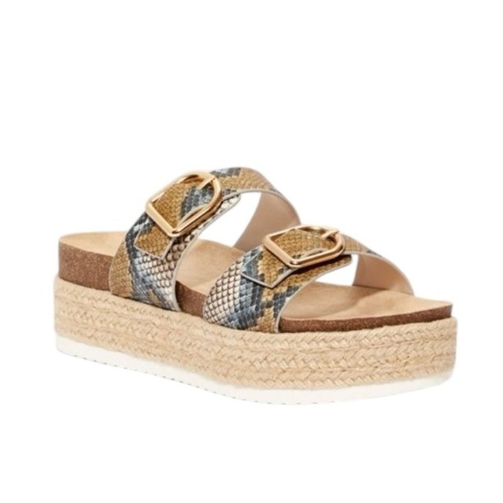 JustFab Women's Cisale Double Snake Print Strap with Buckle Jute Platform Sandal
